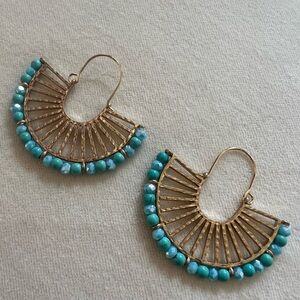 Gold & Blue Beaded Fan Earrings